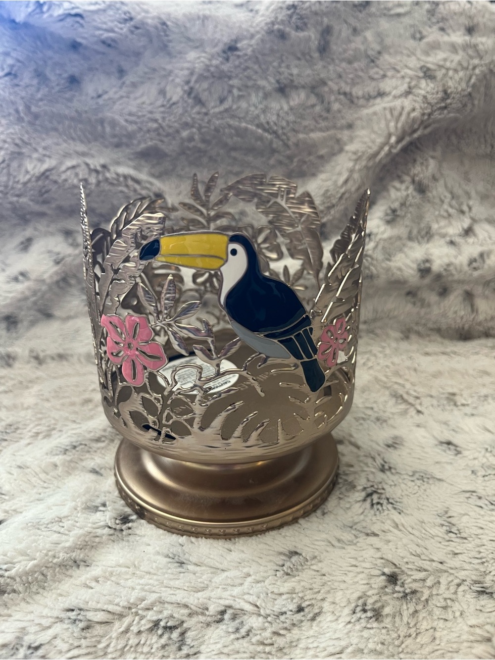 Bath & Body Works Gold Toucan Votive Holder with Pink and Yellow Accents